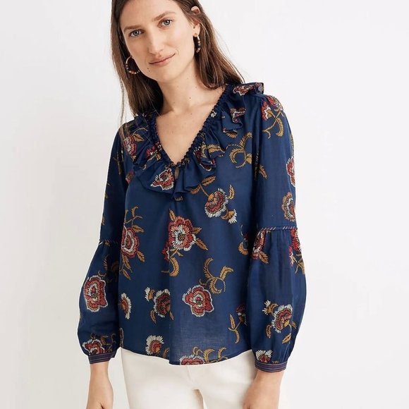Madewell X Warm Ruffle Collar Top in Honolulu Hibiscus, M - Picture 1 of 12